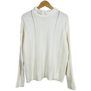 Mustard Seed Cable Knit Ruffle Neck Sweater Cream Casual Knit Long Slv - L
